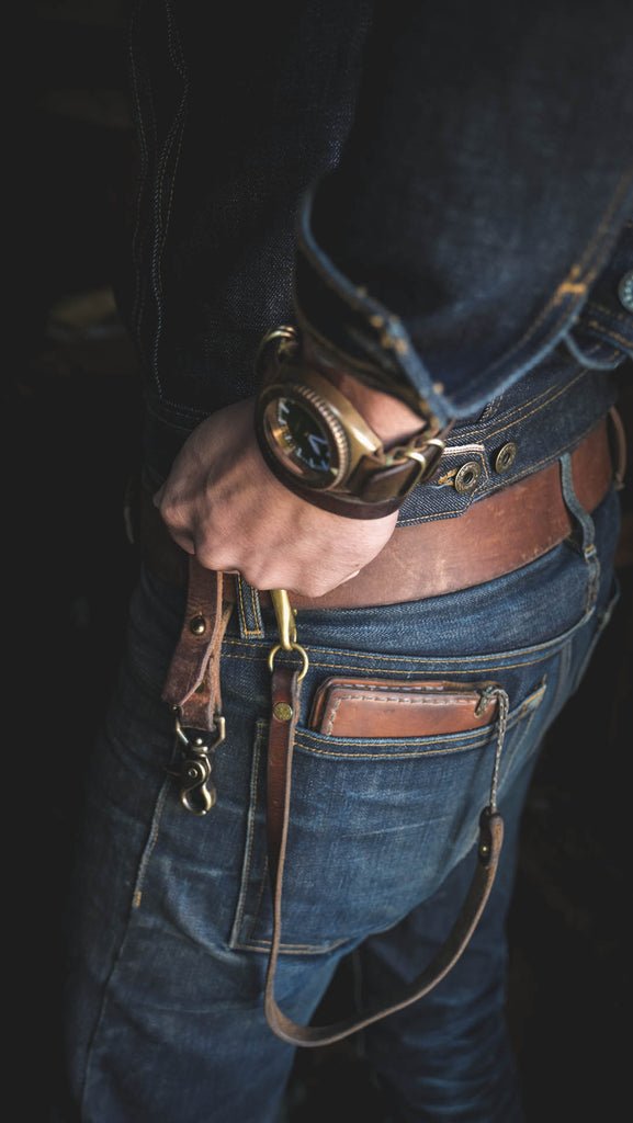 Rugged leather Operator Wallet selvedge denim patina